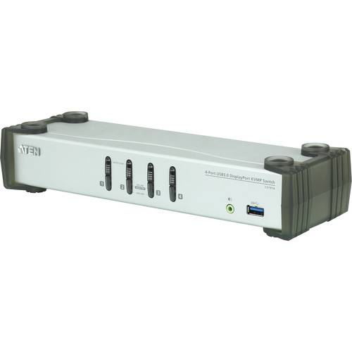 Ein KVM-Switch mit vier Tasten und USB-Anschluss an der Vorderseite zur Kontrolle mehrerer Computer von einer einzigen Tastatur, einem Monitor und einer Maus aus.