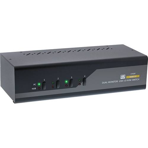 Ein schwarzer rechteckiger Dual-Monitor USB 3.0 KVM-Umschalter mit 4K-Unterstützung, mit vier nummerierten Tasten und Anzeigelichtern auf der Frontplatte.