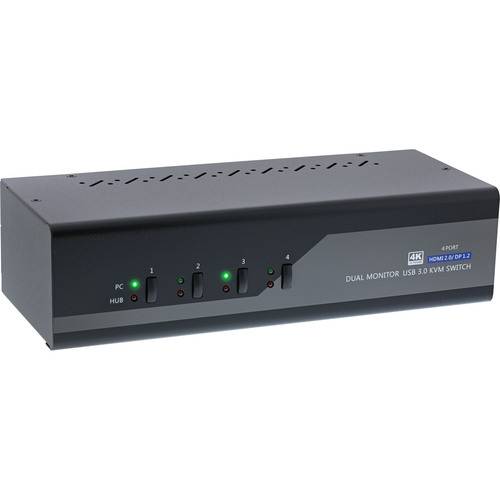 Ein rechteckiger schwarz-grauer KVM-Switch mit mehreren Tasten und Anzeigeleuchten. Beschriftet mit „Dual-Monitor USB 3.0 KVM Switch