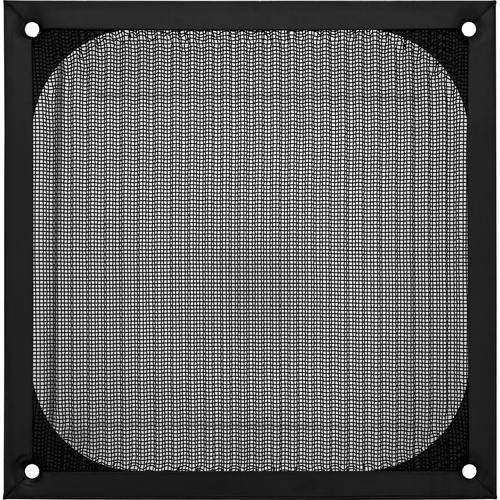 Ein schwarzer quadratischer Rahmen zeigt ein eng verwobenes Gittermuster, das einem Lautsprechergitter ähnelt. Das Design ist einfach und symmetrisch.