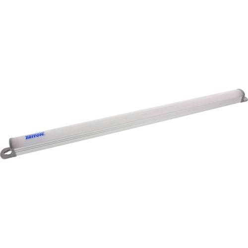 Eine lange, zylindrische LED-Leuchtstoffröhre mit weißem Gehäuse und grauen Endkappen, mit der Aufschrift „Triton