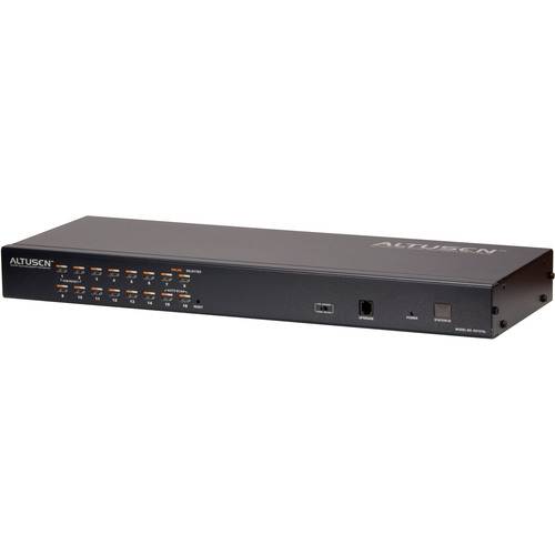 Ein schwarzes elektronisches Gerät mit mehreren Anschlüssen und Kontrollleuchten auf der Frontplatte mit der Bezeichnung „ALTUSEN