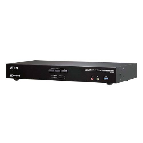 Aten 2-Port USB 4K HDMI Dual-Display KVMP-Switch mit frontseitig angebrachten Steuertasten und Konnektivitätsanschlüssen für einfaches Umschalten.