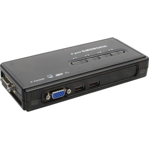 Ein schwarzer 4-Port-KVM-Switch mit frontseitig angebrachten VGA- und USB-Anschlüssen, Tasten oben zum Umschalten zwischen Computern und Konsolenbeschriftung.