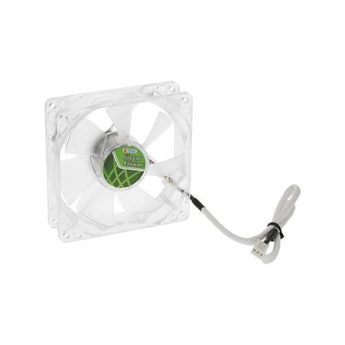 Ein transparenter Computerlüfter mit einem grünen Etikett in der Mitte und einem USB-Anschluss, der an einem Kabel befestigt ist.