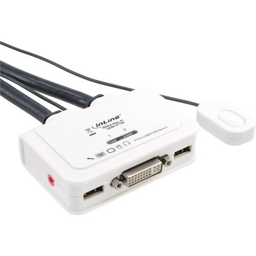 Ein weißer Inline-USB-Schalter mit zwei USB-Anschlüssen, einem DVI-Port in der Mitte und mehreren angeschlossenen schwarzen Kabeln, der zum Umschalten zwischen Geräten verwendet wird.