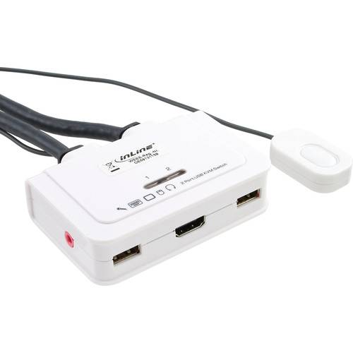 Ein weißer HDMI-Schalter mit zwei Eingängen, einer Auswahlschaltfläche und Anzeigelichtern, verwendet um mehrere Geräte mit einem Display zu verbinden.