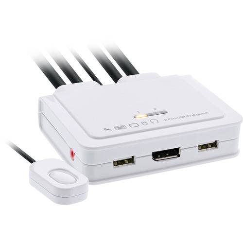 Ein weißer USB-KVM-Switch mit zwei HDMI-Anschlüssen, einem USB-Konsolenport und einer Taste zum Umschalten zwischen verbundenen Geräten.