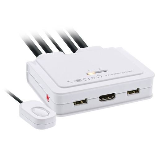 Ein weißer elektronischer HDMI-Schalter mit zwei USB-Anschlüssen, einem IR-Sensor und mehreren Eingabetasten, entwickelt zum Verbinden mehrerer Geräte mit einem einzelnen Display.