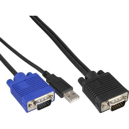 Ein VGA-Splitterkabel mit einem blauen VGA-Anschluss, einem schwarzen VGA-Anschluss und einem USB-Anschluss für die Stromversorgung.