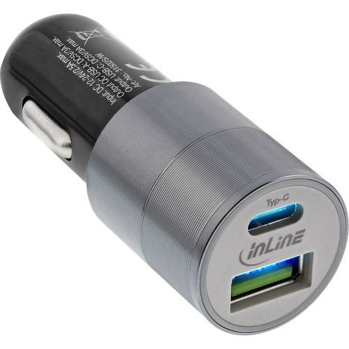 Ein Autolader mit zwei USB-Anschlüssen, einem USB-C-Anschluss und einem Standard-USB-Anschluss, mit schwarzem und metallisch silbernem Gehäuse.