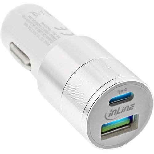 Ein silberner Autoladeadapter mit USB- und USB-C-Anschlüssen, mit der Bezeichnung „inline