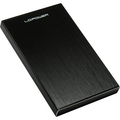 Ein elegantes schwarzes externes Festplattenlaufwerk mit der Aufschrift „LCPOWER