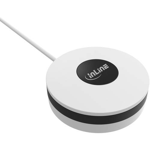 Ein weißes, kreisförmiges Ladepad mit einem Kabel, das den Markennamen 