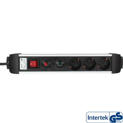 Schwarze und silberne Steckerleiste mit drei EU-Steckdosen, zwei USB-Anschlüssen und einem Ein-/Ausschalter. Intertek-GS-Zertifizierungslogo unten rechts.