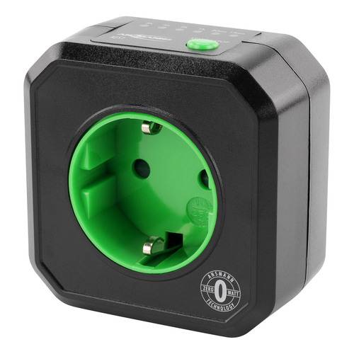 Eine schwarze und grüne energiesparende Steckdose mit ein-/Ausschalter, konzipiert für effiziente Stromnutzung mit Fokus auf umweltfreundliche Technologie.