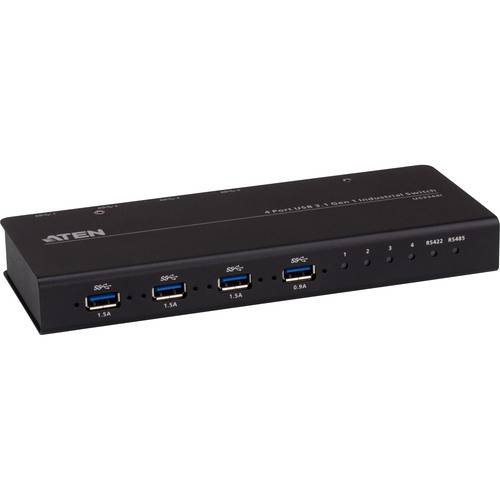 Schwarzer USB-3.2-Hub mit vier Anschlüssen, gekennzeichnet mit „1,5A