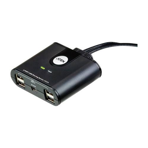 Ein schwarzes USB-Schaltergerät mit vier Anschlüssen, mit der Bezeichnung „2 PORT USB Sharing Switch US224