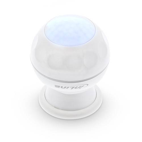 Ein weißer Bewegungsmelder mit Kreisbewegung, strukturierte Oberseite und ein Logo auf der Seite, montiert auf einer runden Basis.