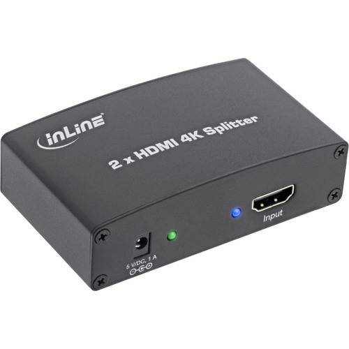 Ein schwarzes 'inLine' 2x HDMI 4K Splitter-Gerät mit einer Stromversorgung von 5V DC, 1A, ausgestattet mit Ein- und Ausgängen sowie Anzeigelichtern.