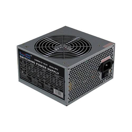 **Schaltnetzteil** auf silberner Einheit mit Kühlventilator und Stromversorgungsanschluss, Modell LC600H-12 V2.31, aktiver Leistungsfaktorkorrektur.