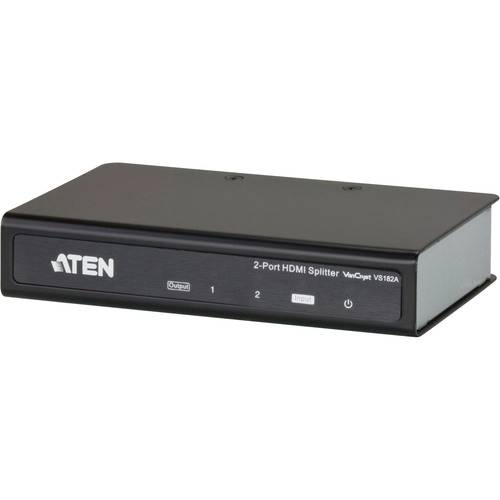 Ein schwarzer 'ATEN 2-Port HDMI-Splitter' mit Tasten mit den Aufschriften '1' und '2' sowie einer Stromtaste.