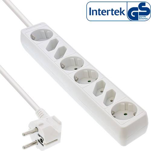 Ein weißes Vier-Sockel-Steckdosenleiste mit Stecker, zertifiziert durch Intertek GS, gezeigt auf weißem Hintergrund.