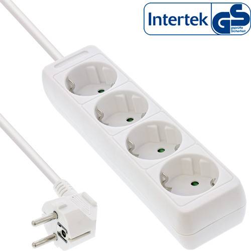 Eine weiße Steckerleiste mit vier europäischen Steckdosen und einem Stecker, gekennzeichnet mit dem „Intertek GS