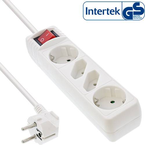 Ein weißes Stromverteiler mit zwei europäischen Steckdosen und einem rot leuchtenden Schalter wird gezeigt. Das Intertek GS-Logo erscheint oben rechts.