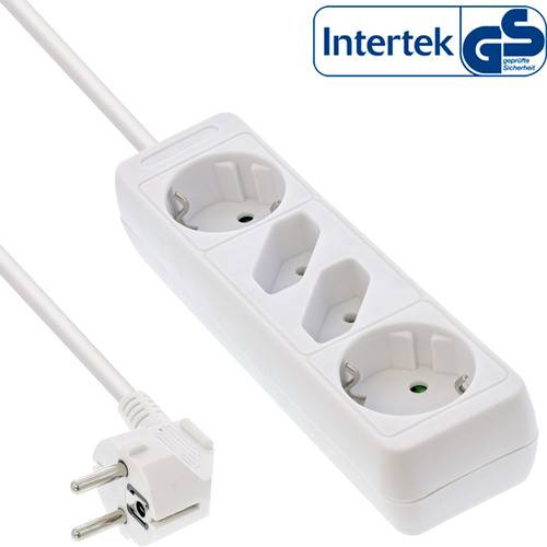 Eine weiße Steckdosenleiste mit drei Steckdosen und einem Stecker wird gezeigt. Das Logo „Intertek GS