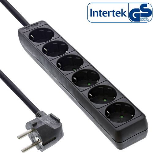 Eine schwarze Steckerleiste mit sechs Steckdosen und einem Stecker, gekennzeichnet mit dem Zertifizierungslogo „Intertek GS