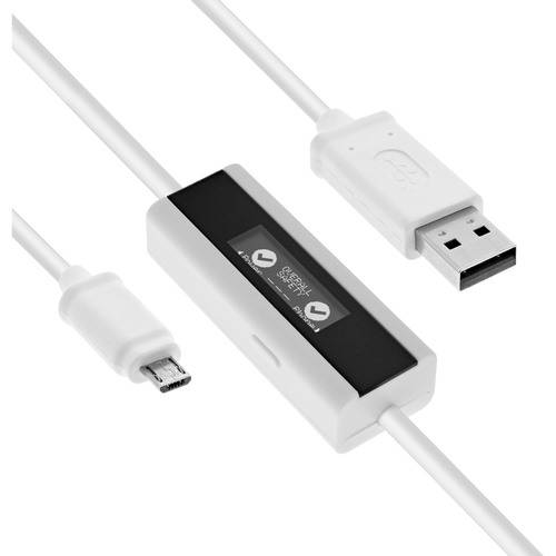 Ein USB-Kabel mit integriertem Schalter, ausgestattet mit Micro-USB- und Standard-USB-Anschlüssen, wird zur Stromkontrolle in elektronischen Geräten verwendet.
