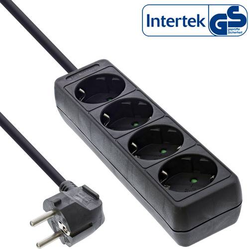 Eine schwarze Steckdosenleiste mit vier europäischen Steckdosen und einem zweipoligen Stecker. In der oberen rechten Ecke ist das Logo „Intertek GS