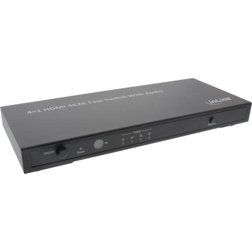 4x1 HDMI 4K/2K-Schnellschalter mit Audio, ein Gerät mit mehreren HDMI-Eingangsanschlüssen und einem Audioschalter, das zum Verbinden und Umschalten zwischen verschiedenen HDMI-Quellen verwendet wird.