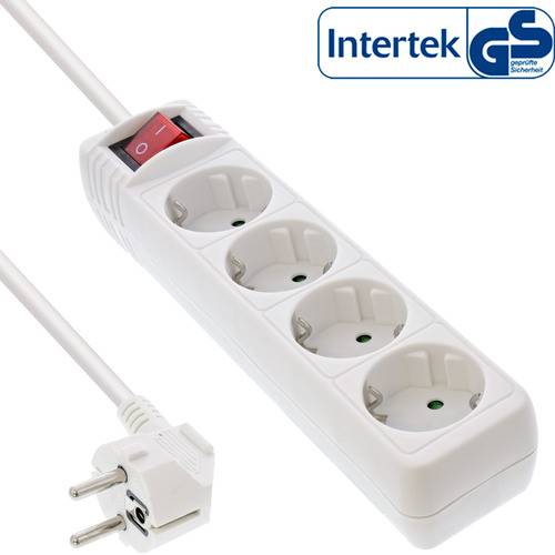Eine weiße Steckdosenleiste mit vier Steckdosen und einem roten Schalter, angezeigt neben einem Stecker. 'Intertek GS' Zertifizierungslogo in der Ecke.
