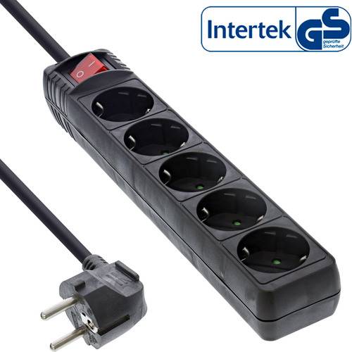 Eine schwarze Steckerleiste mit fünf Steckdosen und einem roten Schalter, verbunden mit einem Stecker. Das Logo „Intertek GS