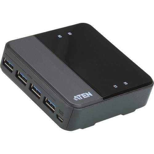 Aten 4-Port-USB-Schalter mit LED-Anzeigen, kompaktes schwarzes Design, mehrere USB-3.0-Anschlüsse auf der Vorderseite.