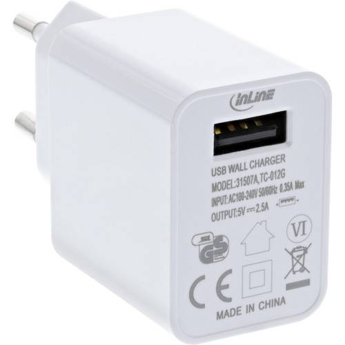 USB-Wandladegerät mit europäischem Stecker, gekennzeichnet für Eingangsspannung AC 100-240V, Ausgangsspannung 5V/2,5A, mit Sicherheits- und Qualitätssymbolen. Hergestellt in China.