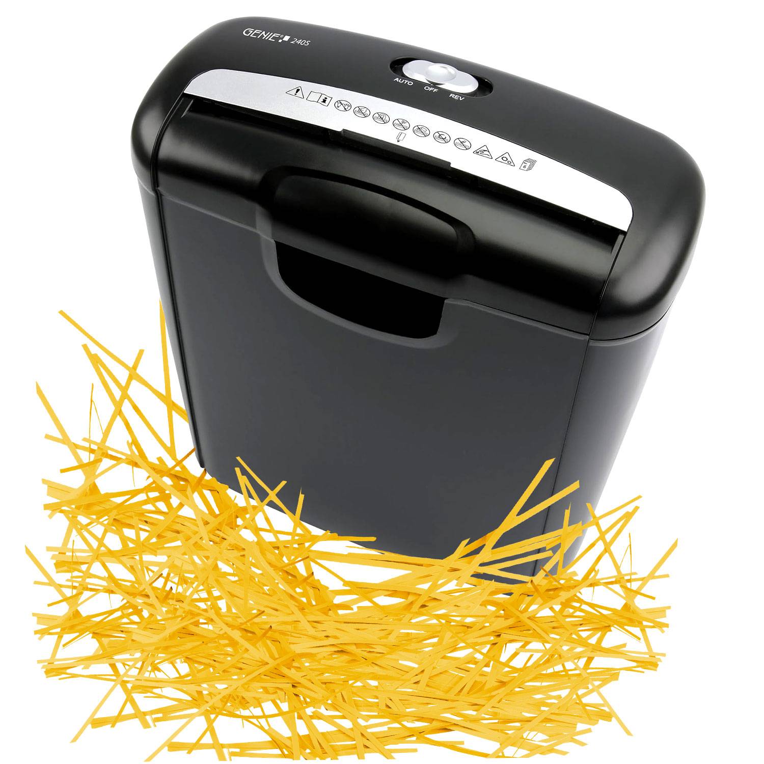 Ein schwarzer Aktenvernichter mit zerkleinertem gelbem Papier um ihn herum. Der Vernichter hat verschiedene Bedienungssymbole auf der Oberseite.