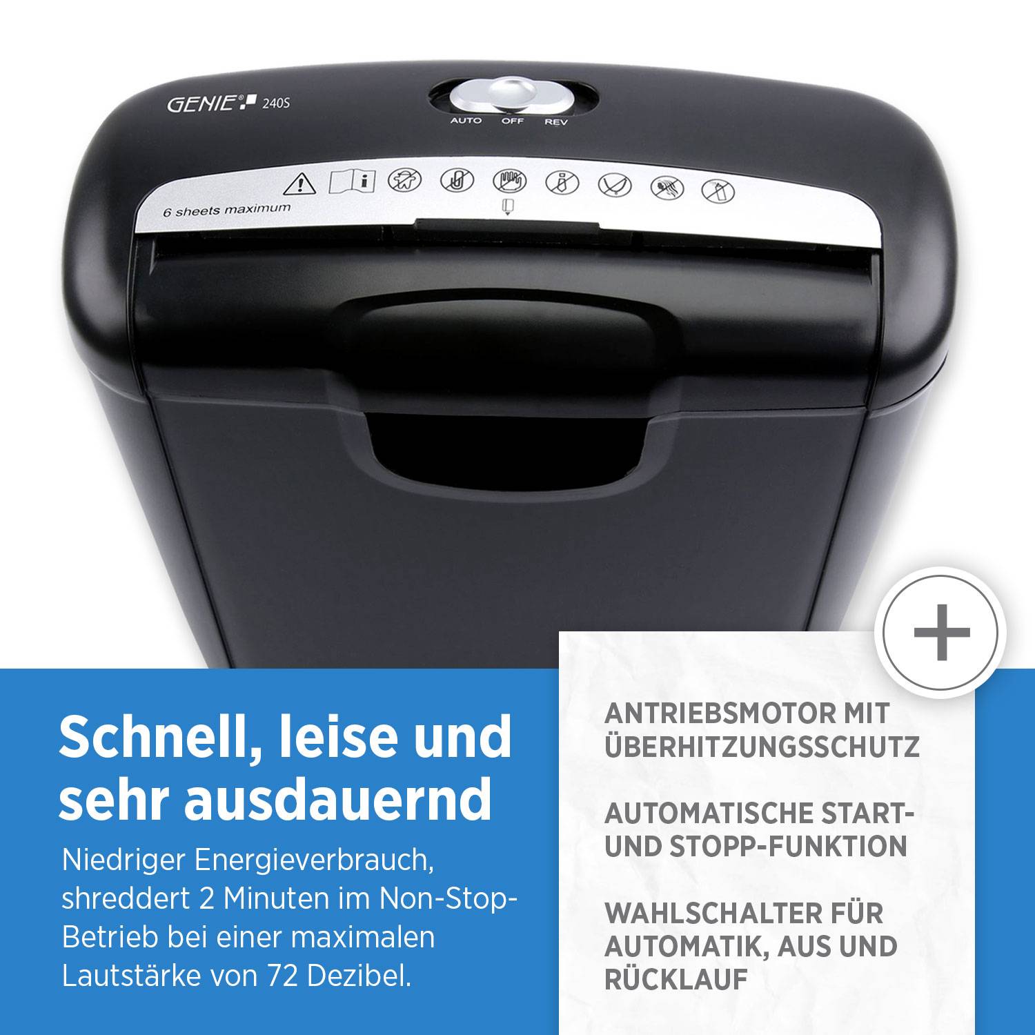 Ein schwarzer Papierschredder mit Tasten oben, mit einer blauen Textbox, die ruhigen Betrieb, Langlebigkeit und Energieeffizienz hervorhebt.