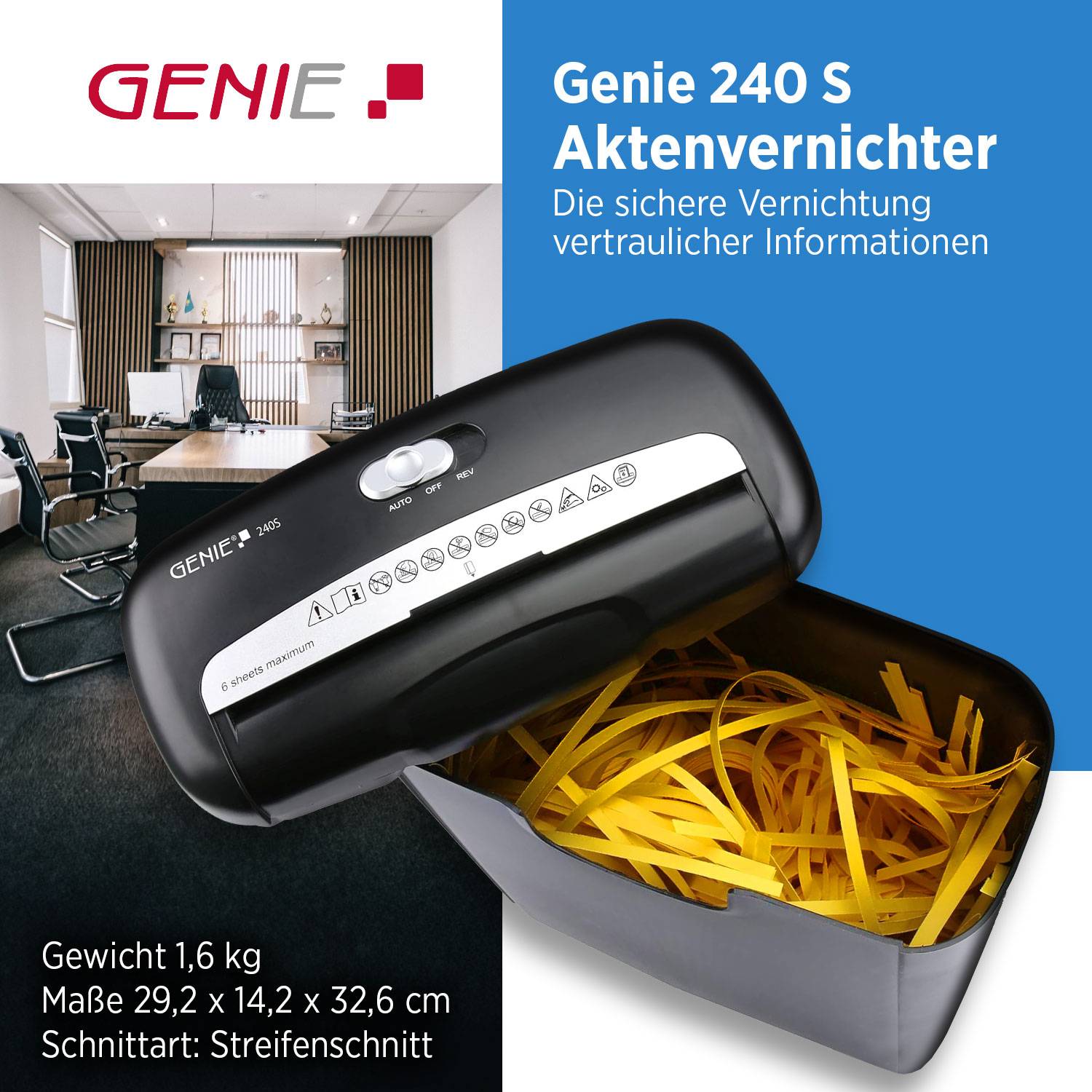 Genie 240 S Aktenvernichter, der in einer Büroumgebung angezeigt wird. Der Text hebt seine sichere Vernichtung vertraulicher Informationen hervor.