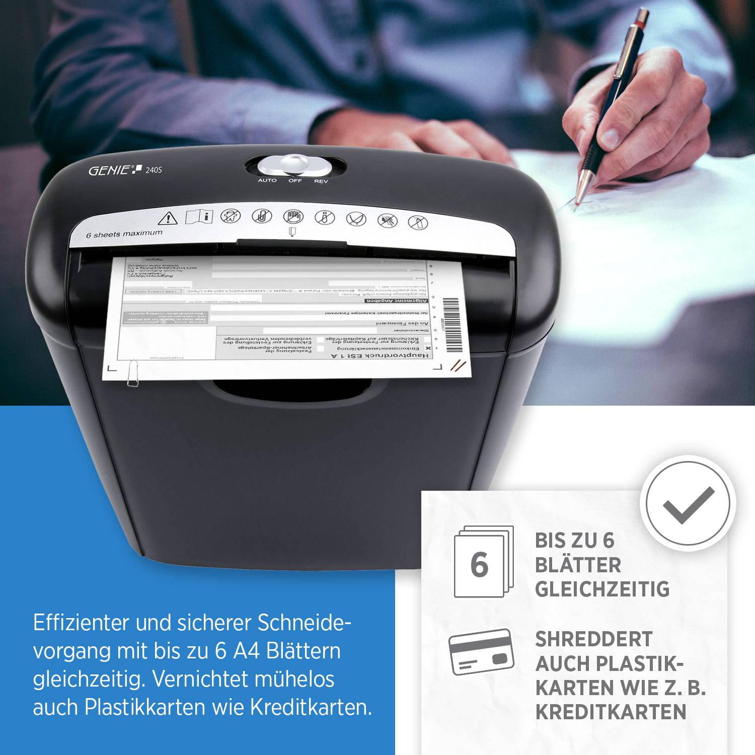 Genie 240S Aktenvernichter 6 Blatt Streifenschnitt Sicherheitsstufe P2 mit Kredikarten
