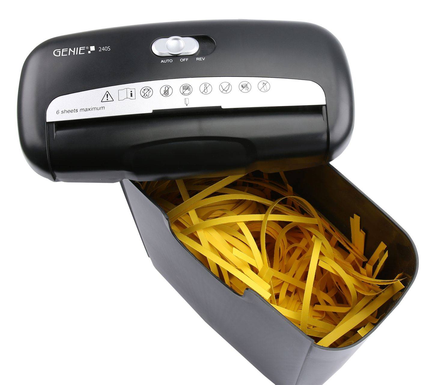 Genie 240S Aktenvernichter 6 Blatt Streifenschnitt Sicherheitsstufe P2 mit Kredikarten