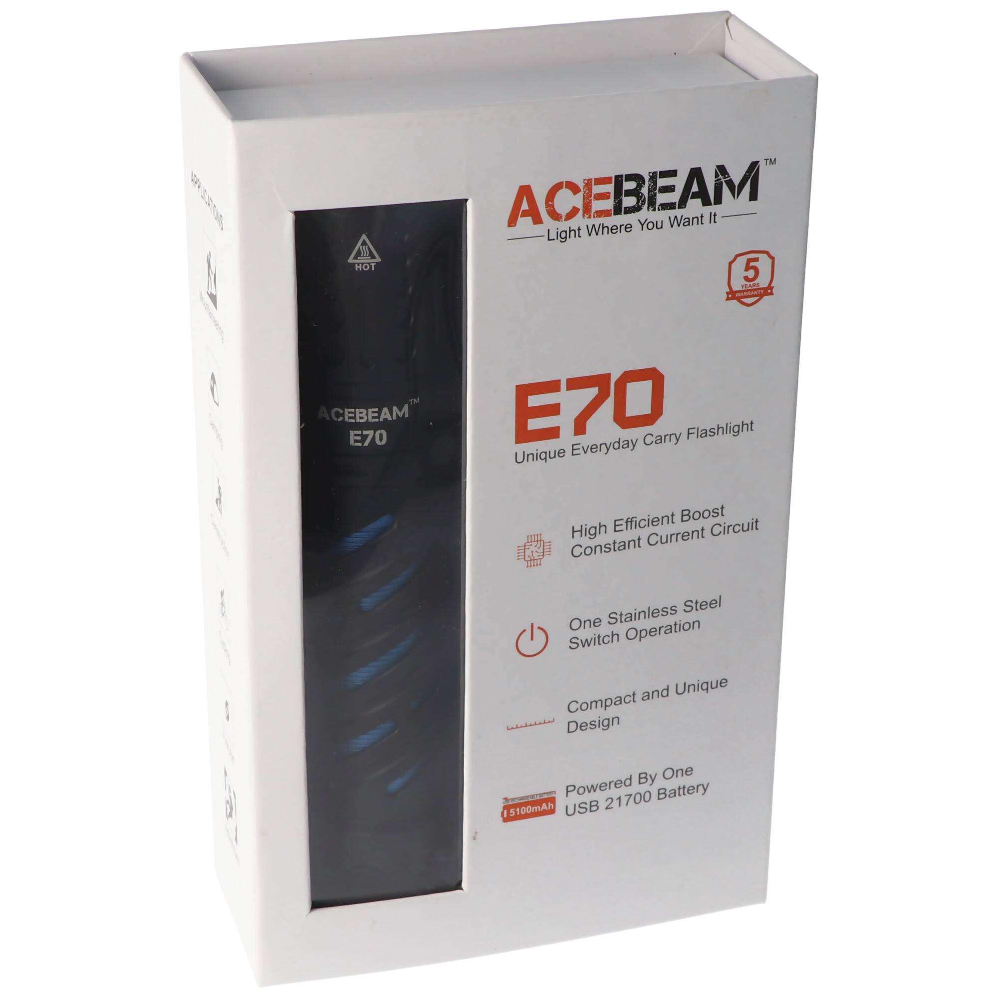 AceBeam E70 LED-Taschenlampe mit 4600 Lumen, E70-AL, kaltweiße LED mit 6.500K, inklusive 21700 Li-Ion Akku 5000mAh mit U