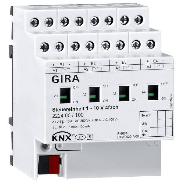 Eine Steuereinheit mit der Bezeichnung 'GIRA' mit mehreren Schaltern und Anschlüssen, die technische Spezifikationen zeigt.