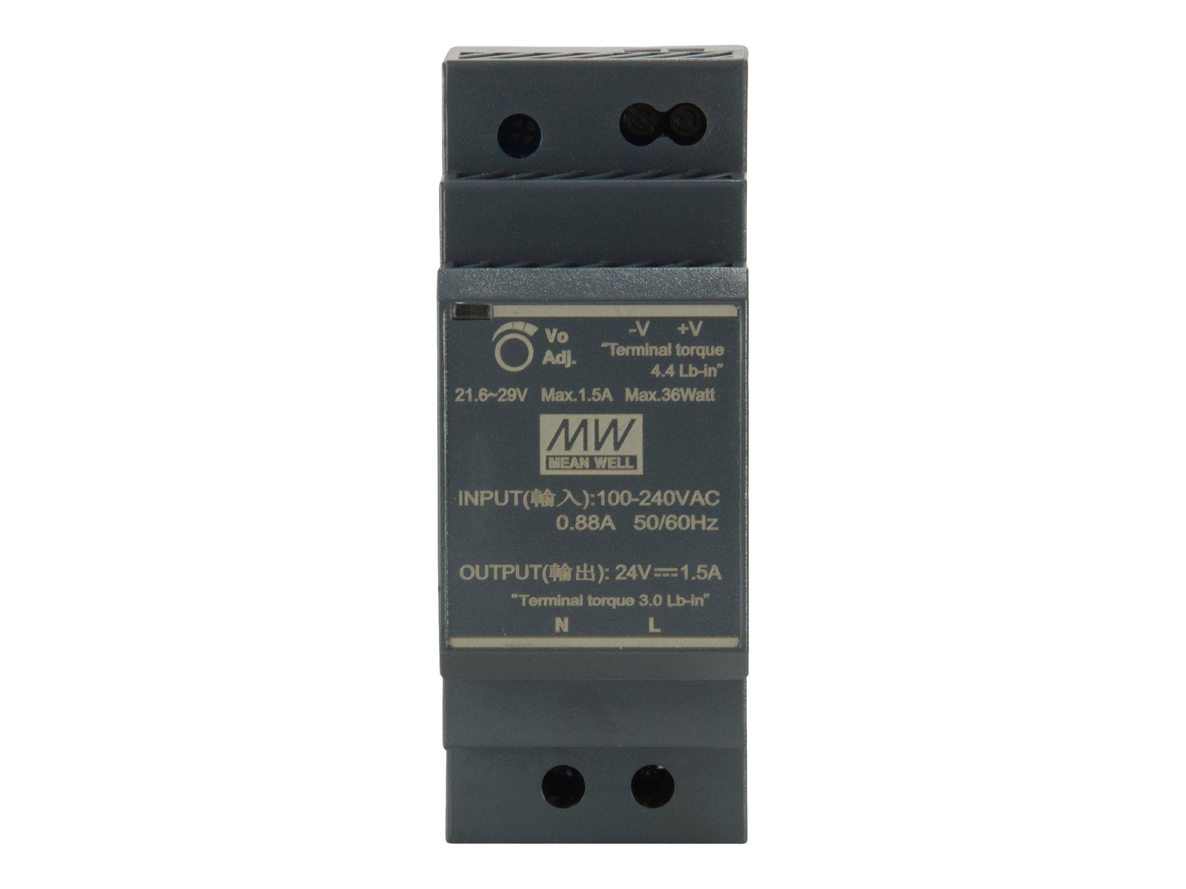 Schwarzes DIN-Schienen-Netzteilmodul mit der Beschriftung „INPUT 100-240VAC