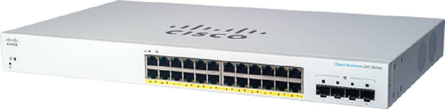Cisco-Netzwerk-Switch mit mehreren Ethernet-Anschlüssen auf der Frontplatte und einem silbernen, in ein Rack eingebauten Gehäuse.