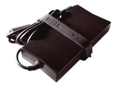 Dell-Stromadapter mit angeschlossenem Kabel und um den schwarzen rechteckigen Block gewickeltem Kabel