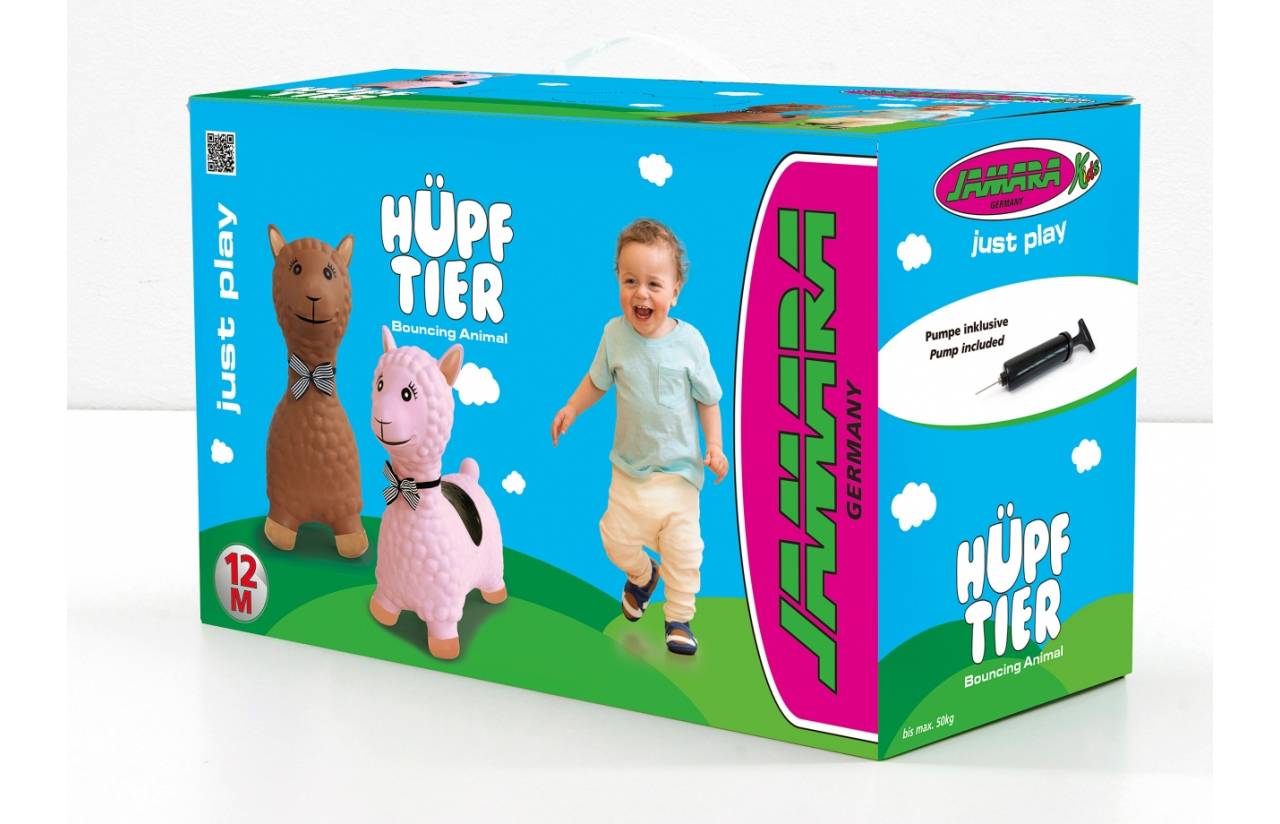Verpacktes Kinderspielzeugset zum Hüpfen mit zwei tierförmigen Springern und einem Kind, beschriftet mit „HÜPF TIER