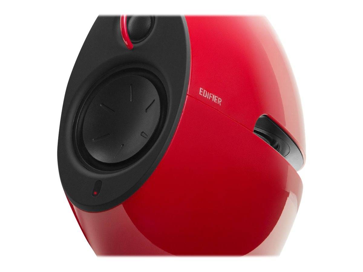 Roter Edifier Kugellautsprecher mit schwarzem Front-Subwoofer auf weißem Hintergrund.